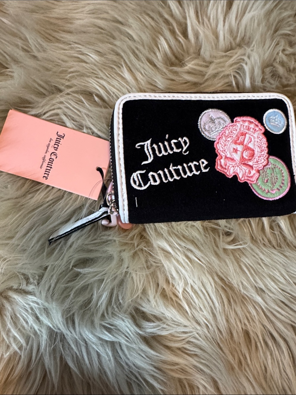 Juicy Couture Black Coin & Card Holder with Pink Patch Accents